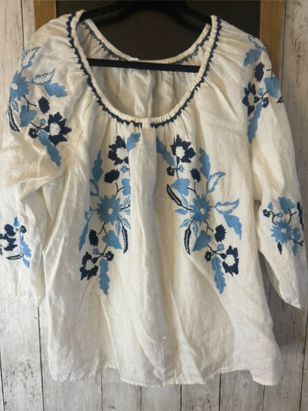 Embroidered Peasant Blouse - White Linen with Blue Floral Detail